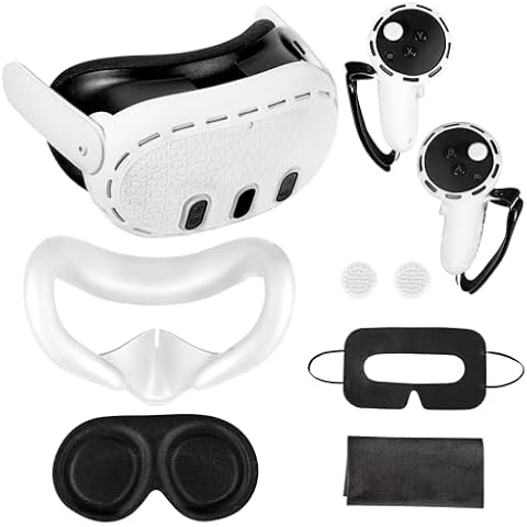 Hilceriy 7 in 1 VR Compatible with Meta/Oculus Quest 3 Accessories, Silicone Face Cover, Protective Lens Cover,5 Disposable Eye Cover, VR Cleaning Cloth, 2 Thumb Grips, Gifts for Christmas (Whtie) Cover