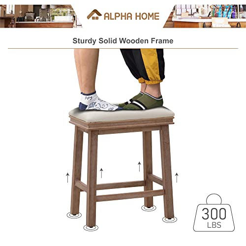 Alpha Home 24" Bar Stools Set Of 2, Solid Wood Kitchen Stools With Beige Pu Leather Cushion Counter Height Bar Stools For Indoor, Beige Seat And Wooden Legs, 2Pcs #TOP5