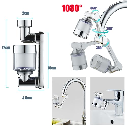 Filtry do montażu kranu z 4 wkładami filtrującymi, przedłużacz obrotu o 1080° kran aerator plastikowy kran, węglowy kran filtrujący wodę, dysza bąbelkowa, ramię robota do umywalki kuchennej