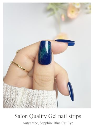 image for AutyaMee Semi Cured Gel Nail Strips (Sapphire Blue Cat Eye), 20 Pcs Ge