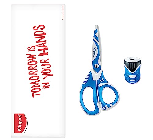 Maped Zenoa Fit - Juego de 1 tijeras con anillos flexibles y láminas amortiguadas antidolor, 13 cm y 1 cortalápices Clean Grip con depósito y 1 orificio, color azul