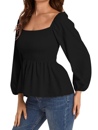 Umenlele Women's Long Sleeve Square Neck Shirred Ruched Ruffle Peplum Blouse Shirt Tops4