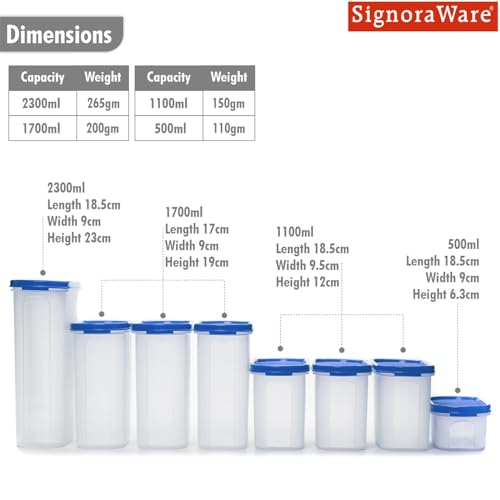 Image of Signoraware Modular BPA Free Plastic Oval Container | Airtight & LeakProof | Kitchen Storage | Ideal for Grains, Flour & Rice storage (2.3ltr + 1.7ltrx3 + 1.1ltrx3 + 500mlx1 | Setof8 | ModBlue)