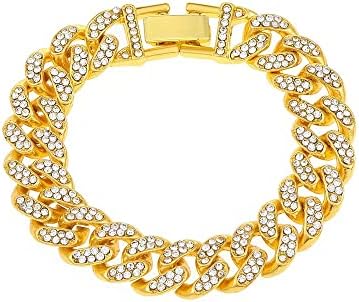 FOAUME Fashion Cool Cuban Chain Bracelet Heavy Duty Bracelet Gold Light Bracelet Men Women Hip Hop Bracelet Gold Chain Bracelet 18k Gold Plated Bracelet with Clear Rhinestones