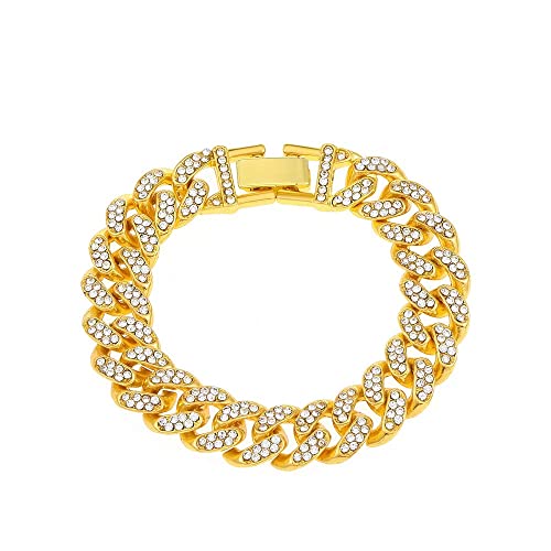Foaume Fashion Cool Cuban Chain Bracelet Heavy Duty Bracelet Gold Light Bracelet Men Women Hip Hop Bracelet Gold Chain Bracelet 18K Gold Plated Bracelet With Clear Rhinestones #TOP23