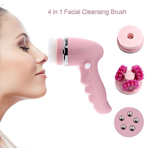 Facial Brush 4 in 1 Water-resistant Facial Cleansing Brush Electric Skin Care Facial Skin Brush with 3D Massager Head & Rolling Massager For All Skin Types
