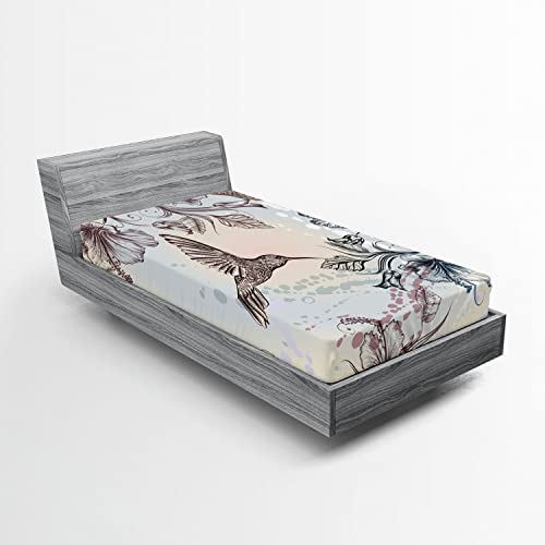 Ambesonne Nature 2 Pack Fitted Sheet, Birds Hibiscus Flowers, Bed Cover All-Round Elastic Deep Pockets 2 Pieces, Package Contains 2 Twin XL Size Fitted Sheets, Teal Brown