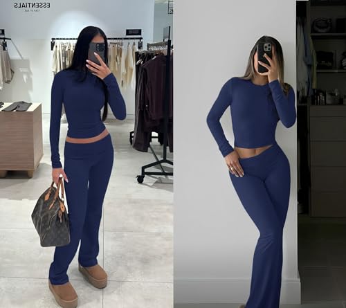 Image of YETOWA Y2K 2 Piece Outfits Tummy Control Long Sleeve Crop Top High Waisted Flare Pants Soft Knit Lounge Set