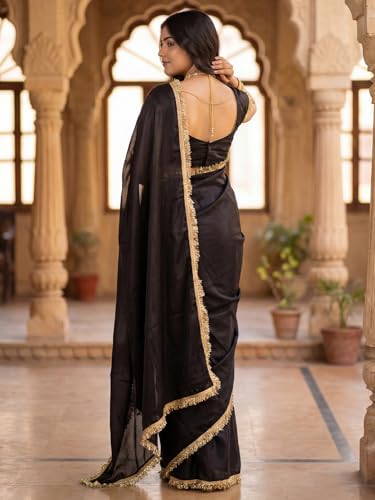 Image of AKHILAM Women's Shimmer Net Solid Saree With Unstitched Blouse Piece