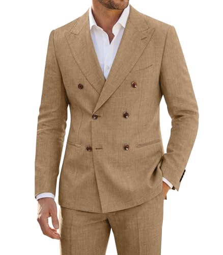 ZKHOECR Men's 2 Piece Linen Suits Slim Fit Summer Suit for Men Khaki Casual Tuxedo Double Breasted Suit Jacket Pants L