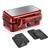 HOUSNAT Gaufrier 3 in 1, Appareil à Croque Monsieur avec Contrôle de Température à 5 Vitesses, Pour Gaufres Belges, Revêtement Antiadhésif, Parfait pour le Petit Déjeuner, Rouge