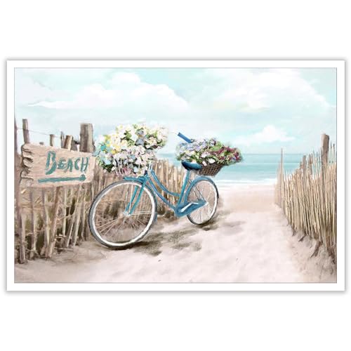 YNHQNGO Beach Canvas Wall Art for Bathroom Ocean Pictures Seaside Bicycle Canvas Print Seascape Painting Framed Teal Aqua Blue Calming Shoreside Artwork for Modern Coastal Themed Lake Home Bedroom