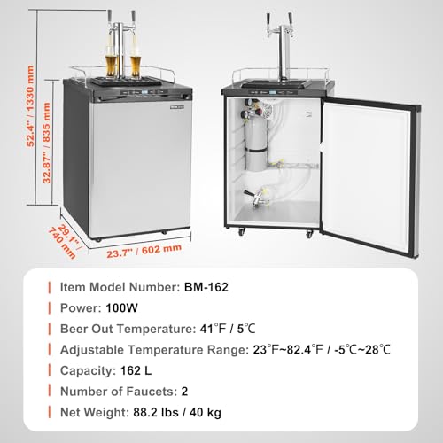 VEVOR Beer Kegerator, Dual Tap Draft Beer Dispenser, Full Size Keg Refrigerator With Shelf, CO2 Tank(No Gas), Drip Tray & Rail, 23°F- 82.4°F Temperature Control, 162L, Silver on Fridge.com