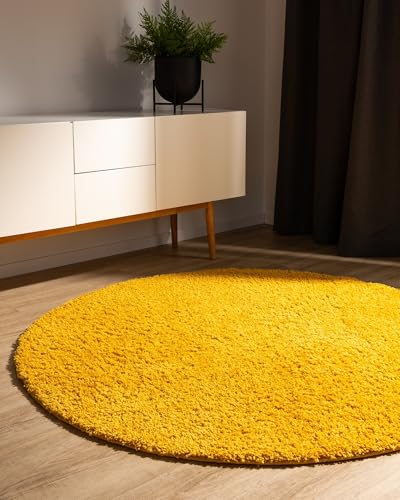 benuta Basic Tapis Poil Long Sohari - Jaune 80 cm Rond - Lavable - Minimaliste - Doux - pour Chambre, Couloir, Salle à Manger - Compatible avec Chauffage au Sol