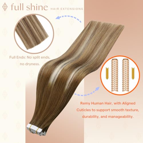 Image of Full Shine Human Hair Tape in Extensions, Brown Caramel Blonde Mix 22 Inch | 50g 20PCS, Invisible Remy Tape in Hair Extensions, Add Length Smooth Finish Natural Volume Lightweight Everyday Look