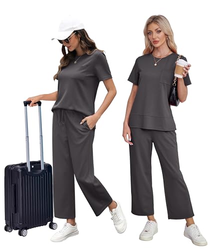 OFEEFAN Women's Lounge Sets Fashion Outfits Wide Leg Loungewear Side Slit Tracksuit for Vacation Travel Airport S-3XL4