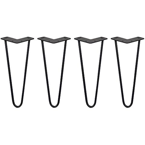 4 x Hairpin Legs/Hair Pin Legs Set 30.5 cm Legs Furniture Desk Bench Chair Table 12" 2 Prong 10mm Black Steel & Protector Feet Cover