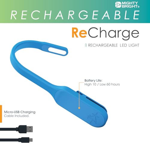 Image of The Original Mighty Bright Recharge Clip On Rechargeable Book Light Reading Light, Warm Eye Care LEDs, Flexible, Durable, Dimmable, Perfect for Kids, Bookworms, Reading in Bed, Lasts 60 Hours (Blue)