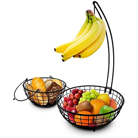 Fruit Basket with Banana Hanger, Durable Banana Holder, Elegant Fruit Basket Stand, Detachable 2 Tier Fruit Bowls for The Counters, Black Cover