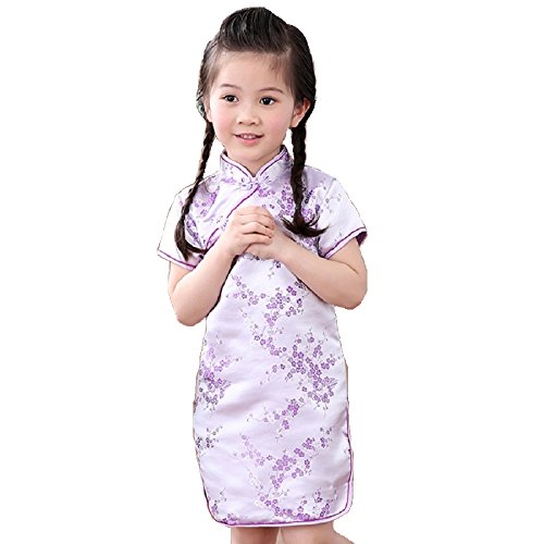 Hooyi Baby Girl Qipao Short Sleeve Dress Chinese Tradition Cheongsam (Purple Blossom, 8)