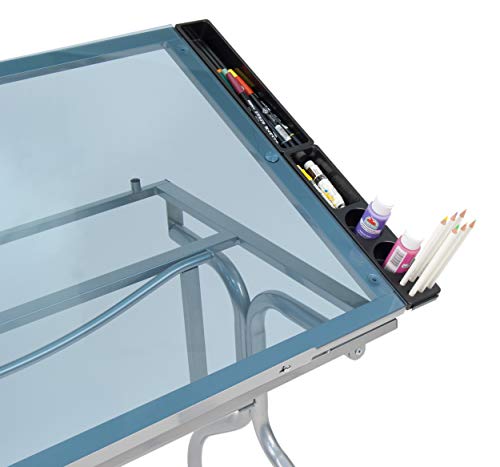 Studio Designs Folding Modern Glass Top Adjustable Drafting Table Craft Table Drawing Desk Hobby Table Writing Desk Studio Desk, 35.25" W X 23.75" D, Silver / Blue Glass #TOP2