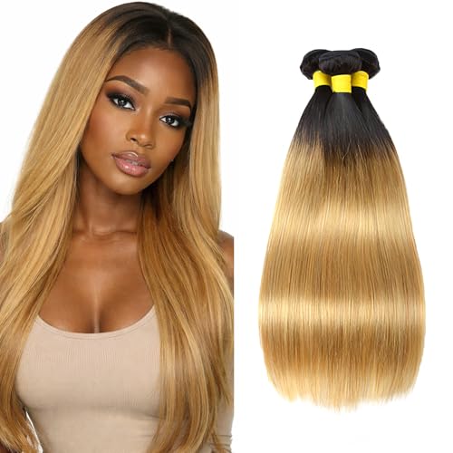 Straight Human Hair Bundles T1B/27 Ombre Honey Blonde 14 16 18 Inch Brazilian Virgin Remy 3 Bundles 2 Tone Black to Honey Blonde Hair Extensions