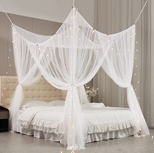 Mengersi Bed Canopy with Lights for Full Queen King Size Bed,4 Corner Post Bed Drapes Canopy for Bed,Canopy Bed Curtains Elegant Bedroom Decoration Accessories(White+Lights)