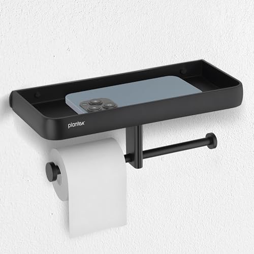 Image of Plantex Self Adhesive Aluminium Dual Toilet Paper Holder for Bathroom /Tissue Paper Roll Holder with Mobile Stand /Toilet Paper Roll Holder /Bathroom Accessories - (Black)