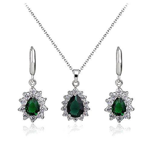 Preisvergleich Produktbild Tropfenform Grüner simulierter Smaragd Österreichische Zirkonia Kristalle Schmuck-Set Halskette Anhänger 45 cm Ohrringe18 kt Weiß Vergoldet