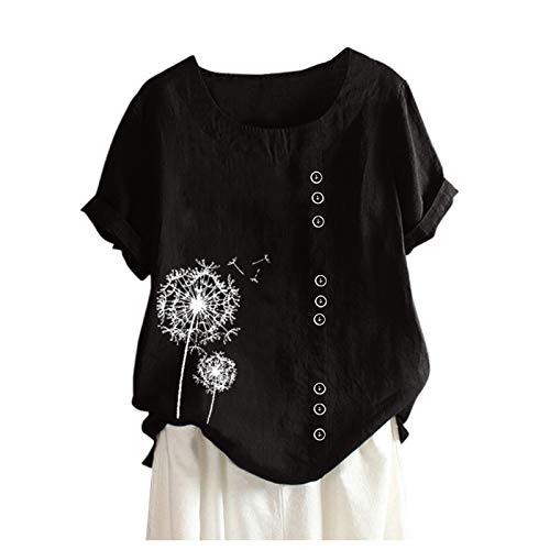 Blusa de algodón y lino para mujer con cuello en V botón de manga larga Tops Color de gran tamaño barato casual algodón lino camisa lisa suelta y transpirable día de la madre camisetas, D-negro., M
