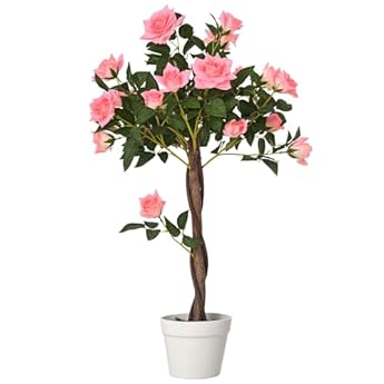 Foto di Outsunny Pianta Finta di Rosa da 21 Fiori con Vaso Riempito in Cemento e Muschio, Pianta Artificiale Anti-UV in Plastica e Tessuto, Ø18x90 cm, Rosa