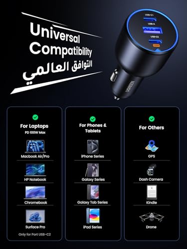 UGREEN 130W شاحن سيارة 3 منافذ USB‑C شحن سريع لمكبوك وآيفون وسامسونج — متوافق مع MacBook Air/Pro، Samsung S25‑S23، iPhone 17‑15 وHP/Dell - الصورة 5