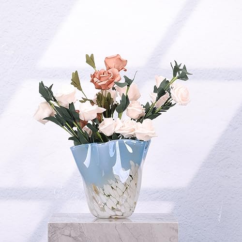 Vaso de vidro soprado à mão, vaso de vidro exclusivo, vaso de boca larga de vidro azul, vaso de vidr