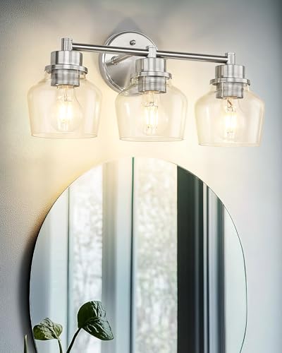 Image of Emak Bathroom Light Fixtures Over Mirror, Brushed Nickel Vanity Light with Clear Glass Shade, 3-Light Vanity Lights for Bathroom, Mirror, Makeup Desk, VL122-BN-CG-3