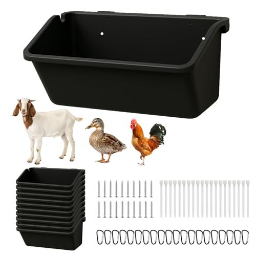 10 Pack Hanging Goat Feeder & Mineral Trough, 5 Qt Fence Feed Trough for Goats, Sheep, Ducks & Chickens, Plastic Farm Feed Bucket with Clips, Zip Ties & Screws, for Grain, Grit & Minerals