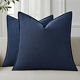 decorUhome Summer Decorative Linen Throw Pillow Covers 20x20 Inch Set of 2 Navy Blue Pillow Covers with Flange Edges Soft Farmhouse Boho Accent Pillow Cases for Couch Bed Living Room