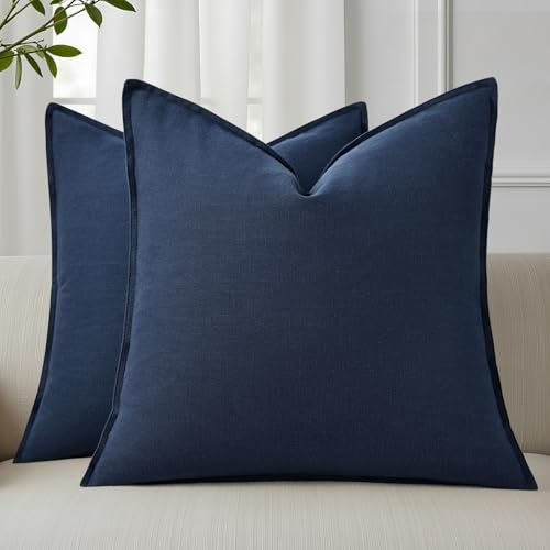 Image of decorUhome Decorative Linen Throw Pillow Covers 18x18 Inch Set of 2 Navy Blue Coastal Pillow Covers with Flange Edges Soft Farmhouse Boho Accent Pillow Cases for Couch Bed