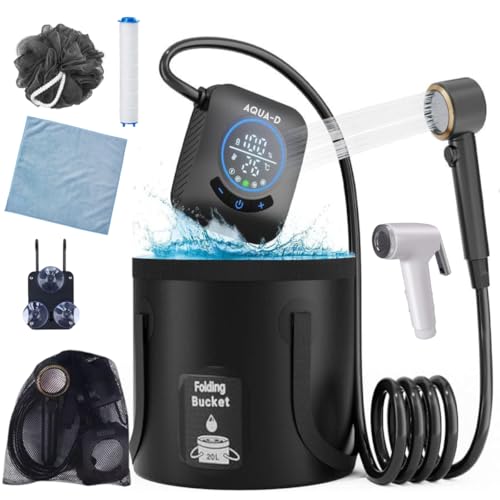 AQUA-D Portable Shower Kit, Upgraded Pump 8000mAh With 20L Foldable Bucket, For Camping, Car Wash, Pet Wash, Travel, Garden Water - Free Filter, Loofah, Face Towel And Small Shower Nozzle