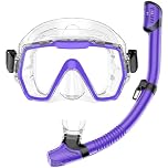 Snorkel Set Adults Snorkeling Gear Anti-Leak and Anti-Fog Tempered Glass Lens Panoramic View Swim Mask Dry Top Snorkel Kit for Snorkeling Scuba Diving Swimming Travel with Carry Bag Purple