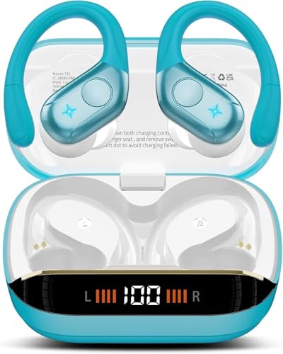 Image of Qecnato Earbuds Bluetooth 5.4 Headphones Sports Over Ear Buds with Earhooks, LED Display Bluetooth Earbuds with 4 ENC Mic, IP7 Waterproof Earphone, Blue
