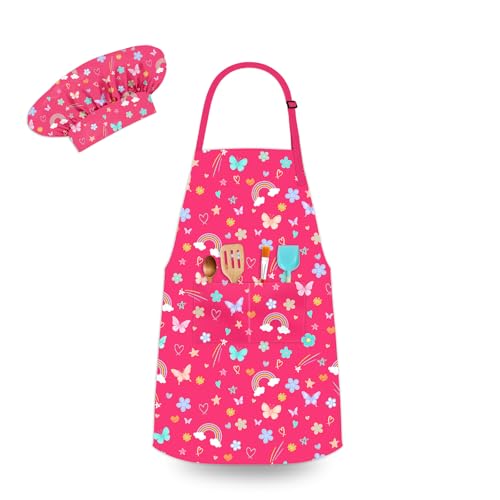 DEABOLAR Kids Apron and Chef Hat, Adjustable Kids Aprons with Pocket Girls Boys Kitchen Toddler Aprons for Cooking Baking