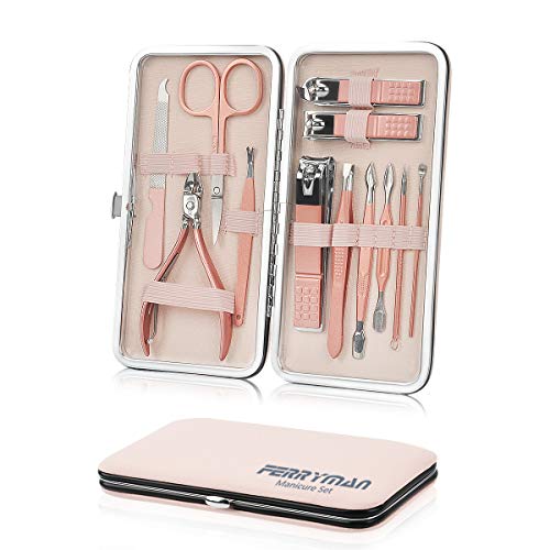Pedicure Manicure 12 Pezzi, Ferryman Moda Cuoio Professionale Tagliaunghie Set in Acciaio Inossidabile kit Toelettatura Strumenti per per Ragazze, Oro Rosa