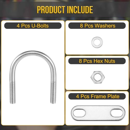 Image of DTGN M8x42x69mm U Bolts Round Kit - 4Set - 304 Stainless Steel U-Bolt Kit with Nuts, Washers, Frame Plate - Good for Pipe, Trailer, Automotive, Leaf Spring Fastener