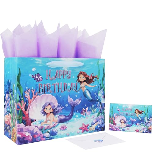 Qirrmiy 13 Large Mermaids Birthday Gift Bag Set with Handles Greeting Card Purple Tissue Papers and Stickers for Kids Girls Women Teens for Birthdays Mermaids Design 1 Pcs