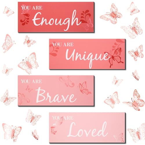 Blulu 4 Pcs Butterfly Inspirational Quotes Wooden Wall Decor and 3D Butterfly Wall Decor Girls Room Inspirational Gift for Teen Girls Women Room Nursery Bedroom Bathroom (Coral)