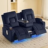 URRED Power Loveseat Recliner Sofa with Flipped Backrest Console, Wall Hugger RV Reclining Loveseat Sofa Couch with LED Light/Bluetooth Speakers/USB/Outlets/Cup Holders/Pillow/Side Pocket, Blue