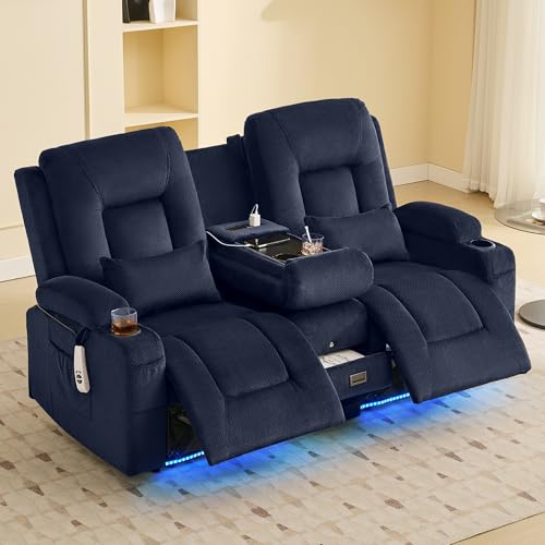 URRED Power Loveseat Recliner Sofa with Flipped Backrest Console, Wall Hugger RV Reclining Loveseat Sofa Couch with LED Light/Bluetooth Speakers/USB/Outlets/Cup Holders/Pillow/Side Pocket, Blue