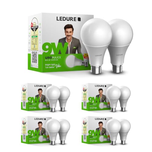 Image of LEDURE 9W Uromaxx High Glow Led Bulb | Pack of 5 (10 Bulbs) | B22 Base | BIS and BEE Approved | Cool White Day Light (6500K) | High Surge Protection | Long Life B22 bulb for Home and Office