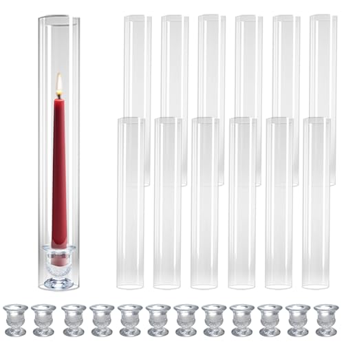 12-Pack Glass Hurricane Candle Holders - 13.78" Tall Clear Open-Ended Cylinders for Pillar Candles - Includes 2.36" Taper Candlestick Holders - Wedding, Event & Home Decor Centerpieces