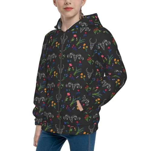 Skull with Flower Kid Hoodies Boys Zip Up Sweatshirts Girls Pullover with Pocket